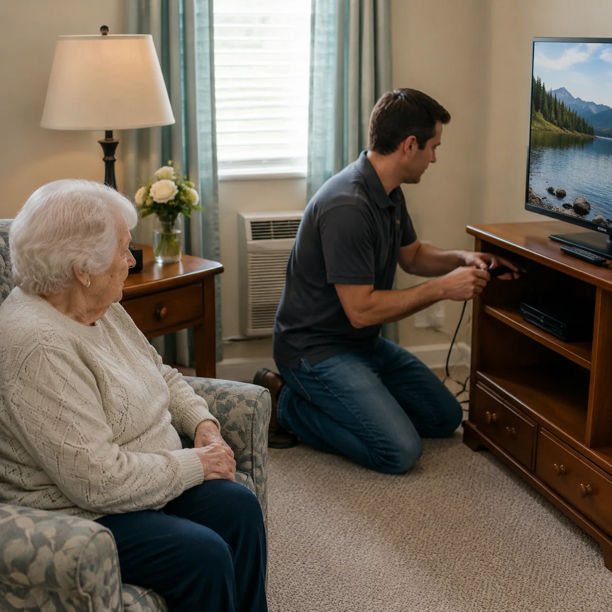Realistic editorial photo of an older resident watching television in an assisted living apartment while an adult child