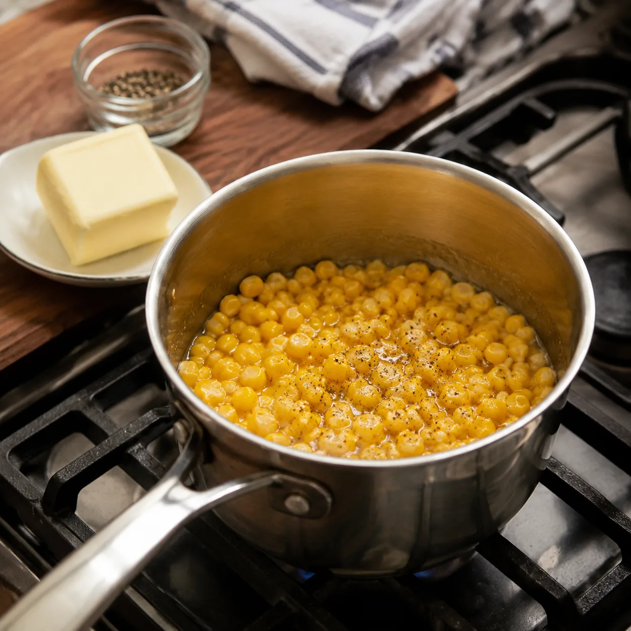 Realistic editorial photo of canned corn warming in a small saucepan beside butter and pepper on a kitchen stove, practi