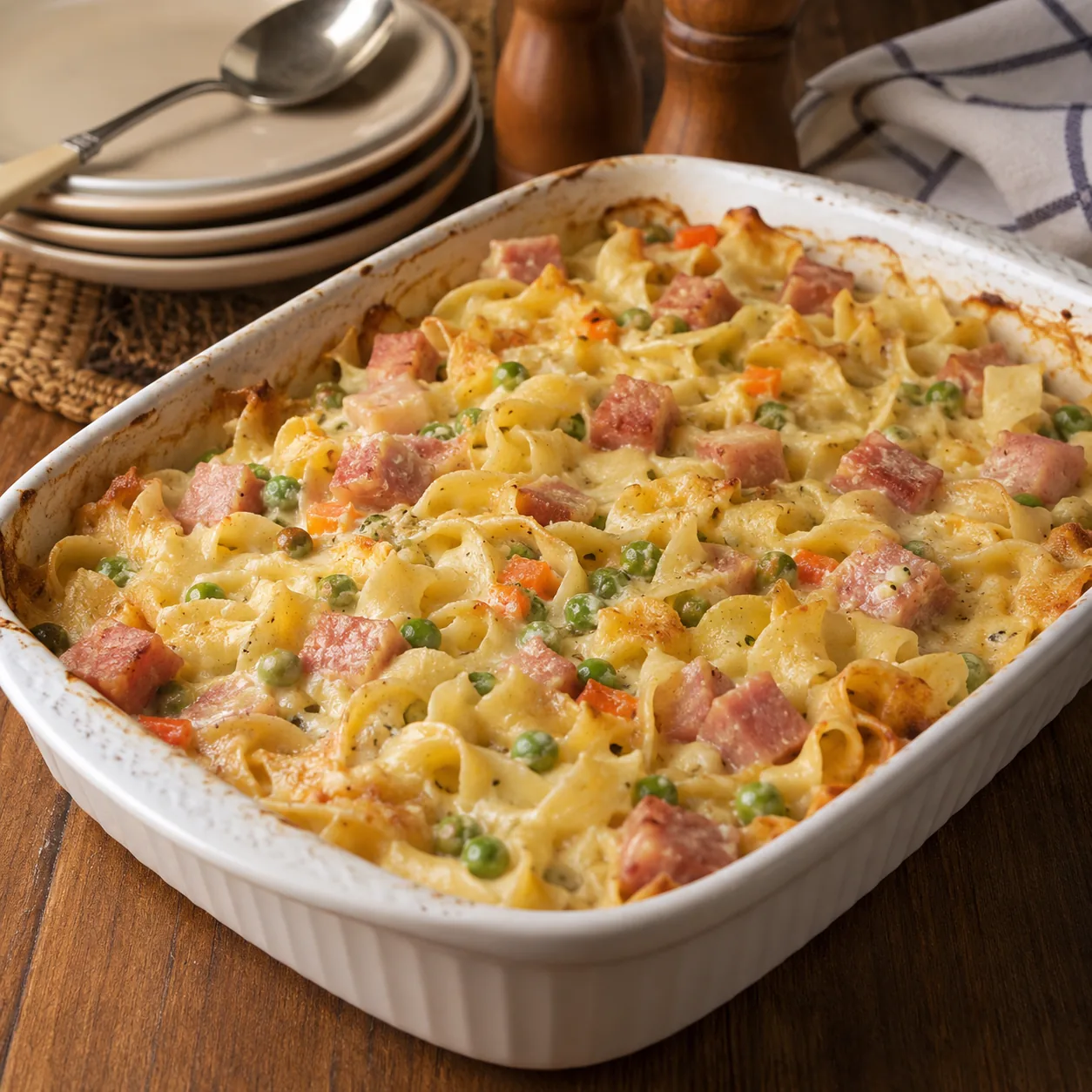 Realistic editorial photo of diced canned ham casserole with noodles and vegetables in a baking dish, practical 1970s pa