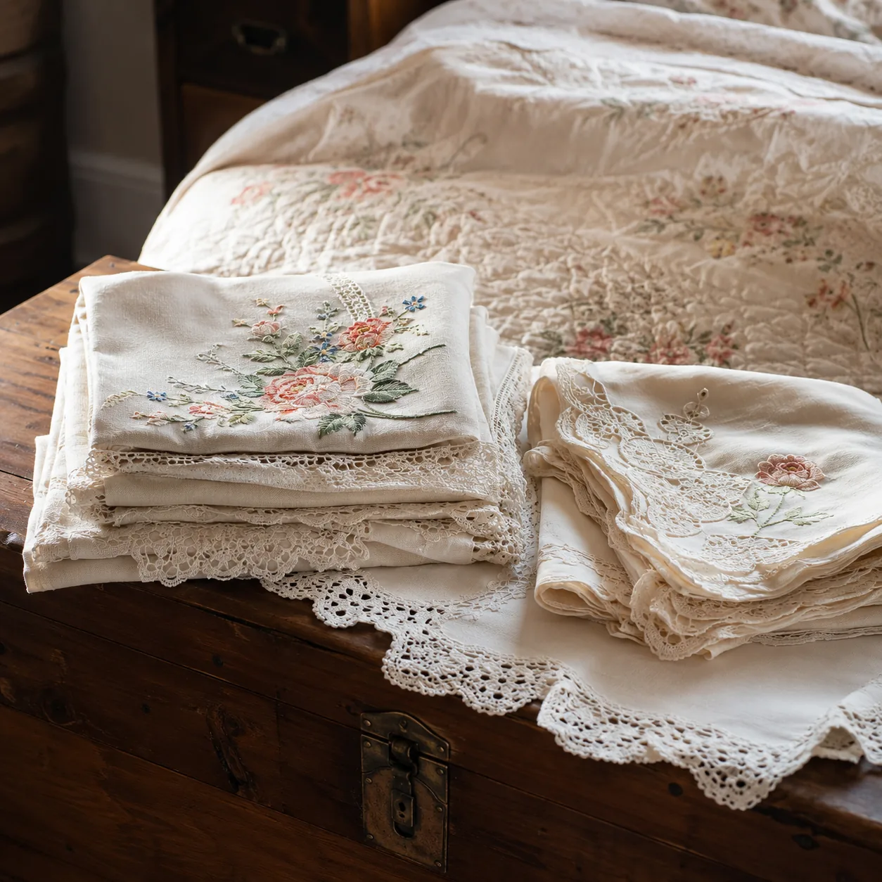 Realistic editorial photo of embroidered tablecloths and lace napkins folded on a cedar chest, cozy bedroom light, 1:1 s