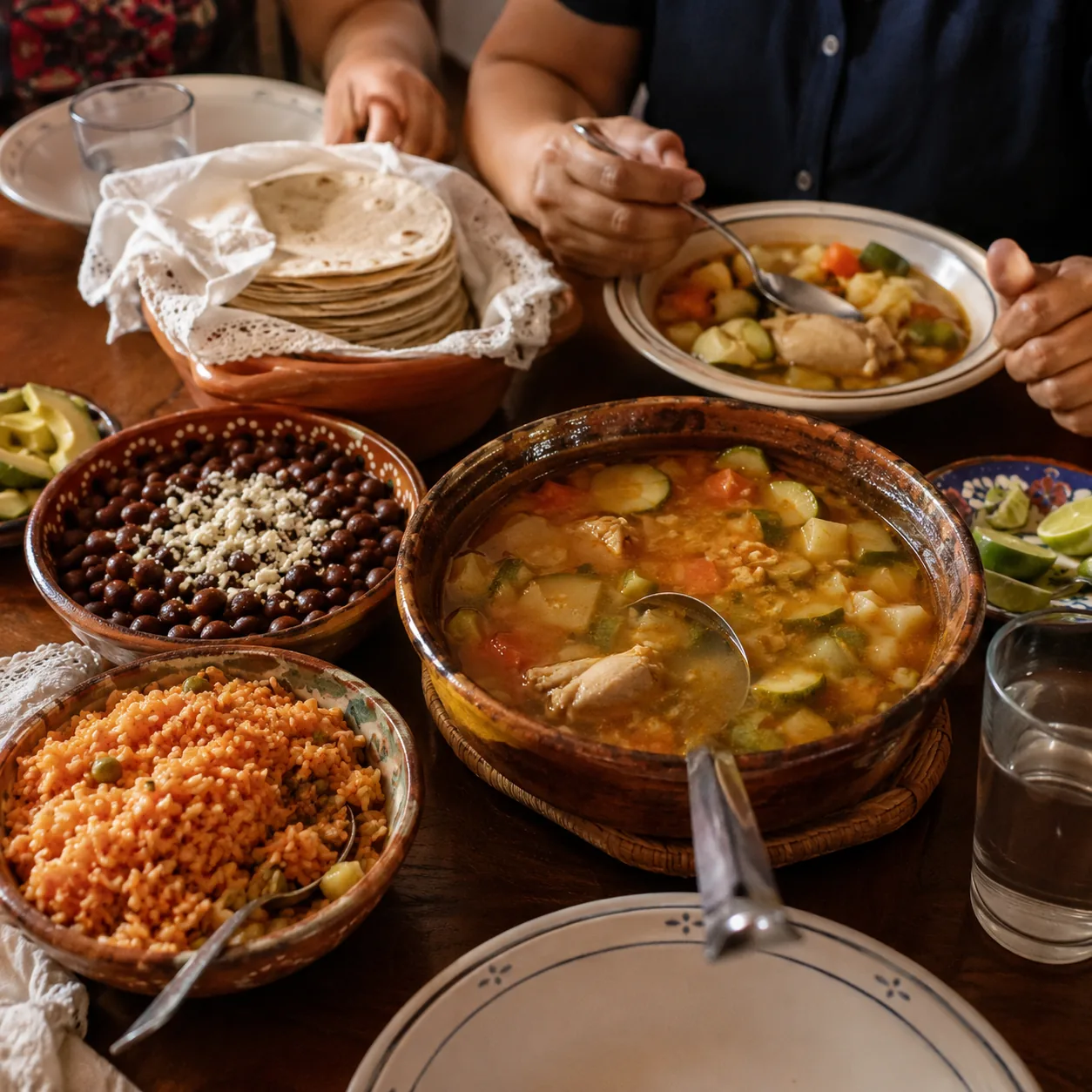 Realistic editorial photo of homemade soup, rice, beans, and tortillas served at a family table, warm natural light, pra