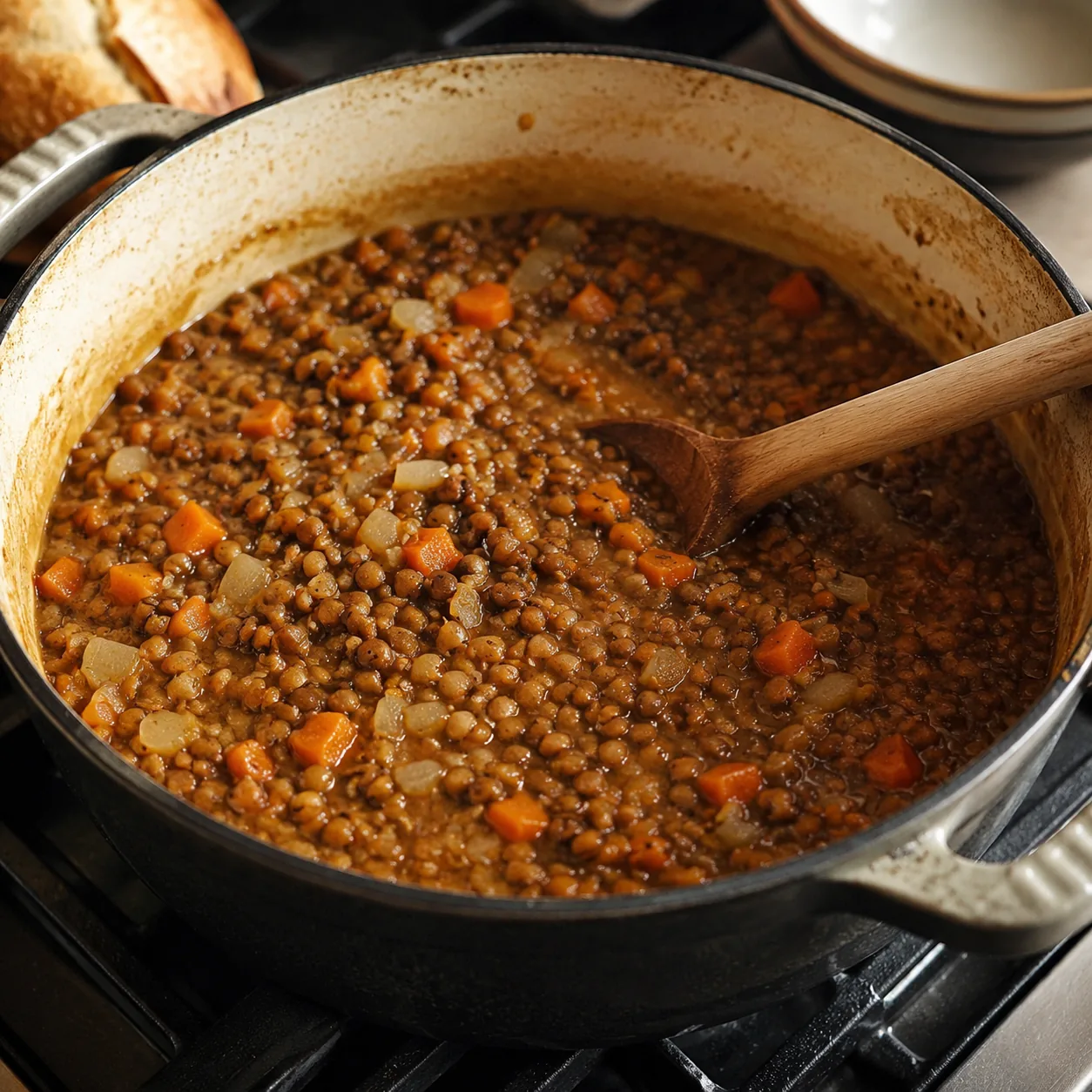 Realistic editorial photo of lentil stew with carrots and onion in a heavy pot on a kitchen stove, practical budget fami