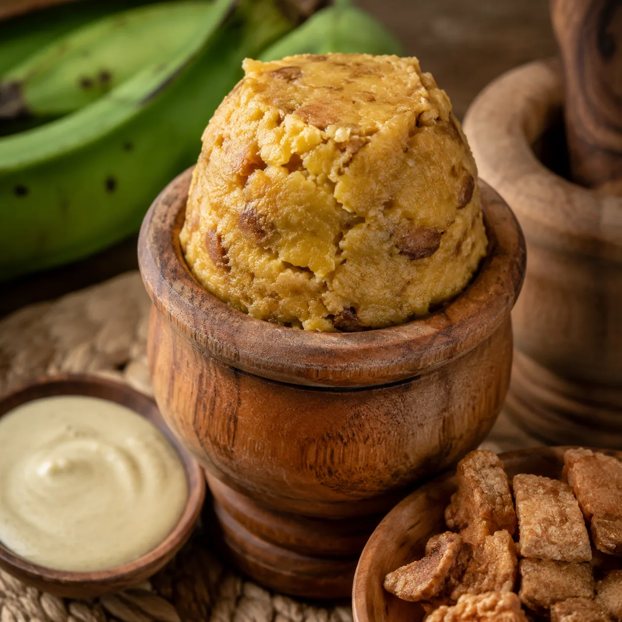 Realistic editorial photo of mofongo shaped in a wooden mortar with garlic sauce and pork cracklings nearby, warm natura