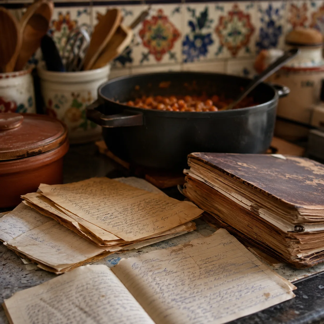 Realistic editorial photo of old recipe cards, handwritten notes, and a worn cookbook beside a pot on a kitchen counter,