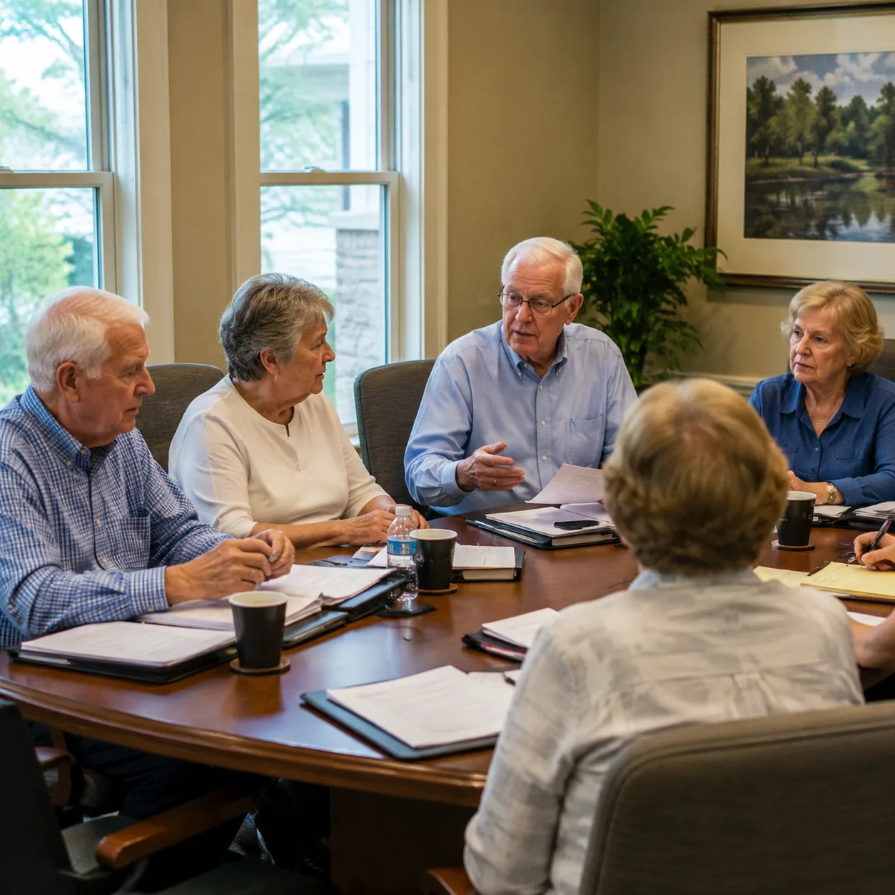 Realistic editorial photo of older residents seated in a retirement community board meeting room with folders and coffee