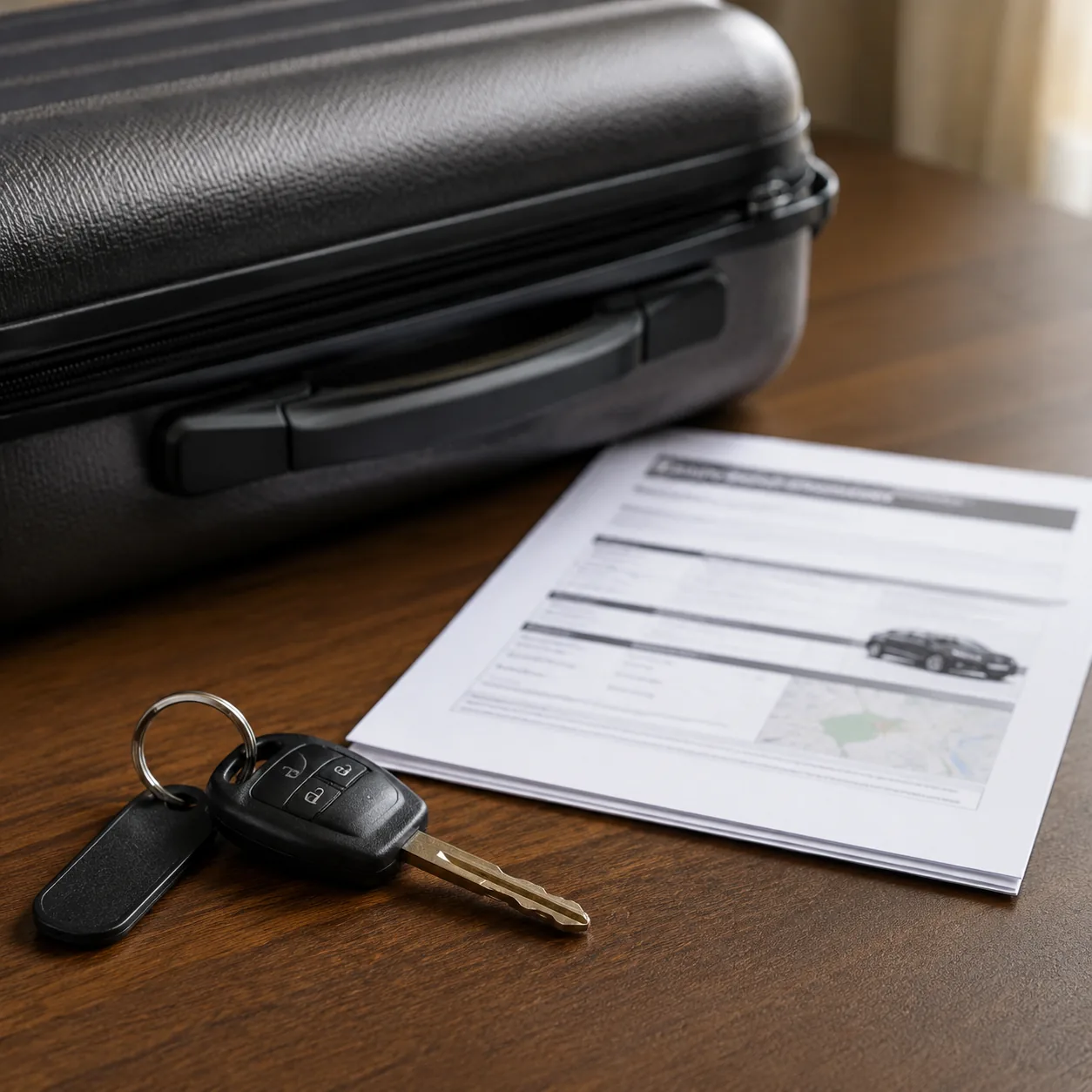 Realistic editorial photo of rental car keys beside a suitcase and printed reservation page without readable text, pract