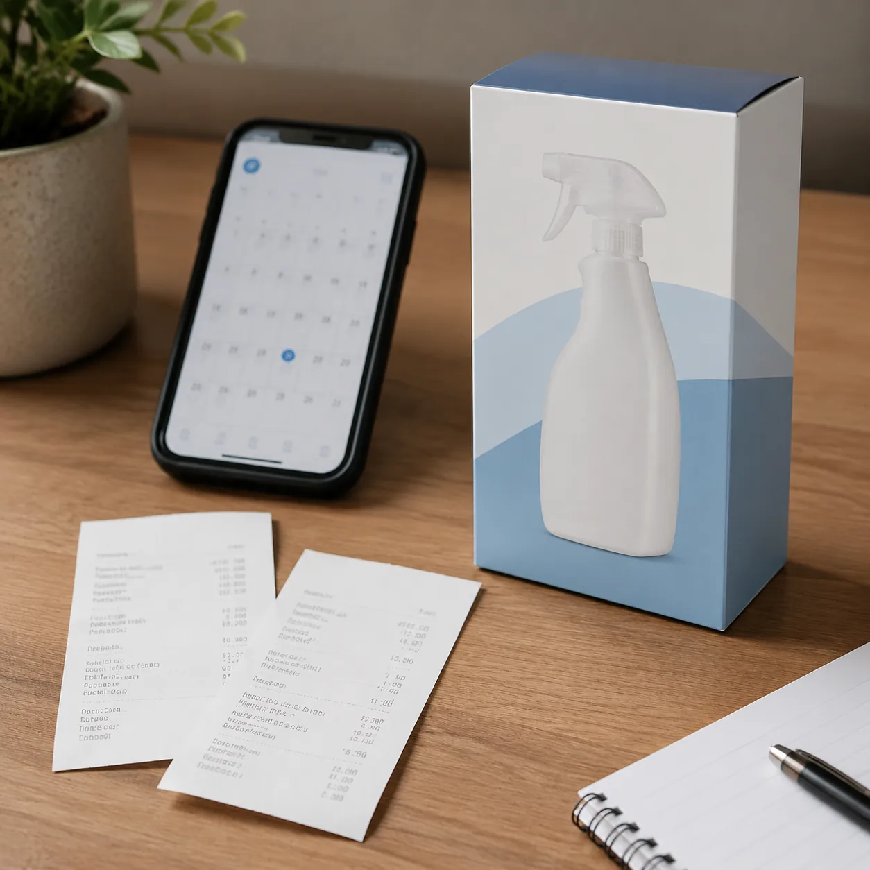 Realistic editorial photo of two receipts, a phone calendar, and a boxed household product on a desk, practical consumer