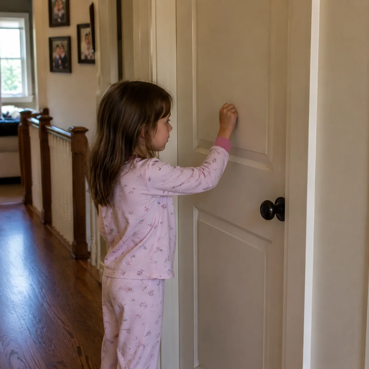 Realistic editorial photo of a child knocking on a closed bedroom door in a family hallway, warm natural light, practica