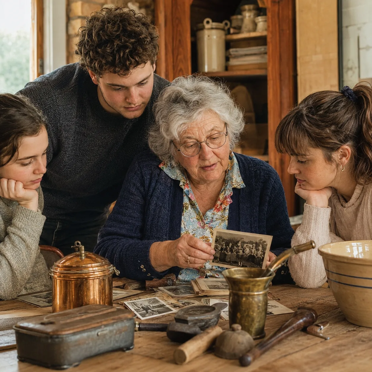 Realistic editorial photo of a grandparent showing family heirlooms, kitchen tools, and old photographs to younger relat
