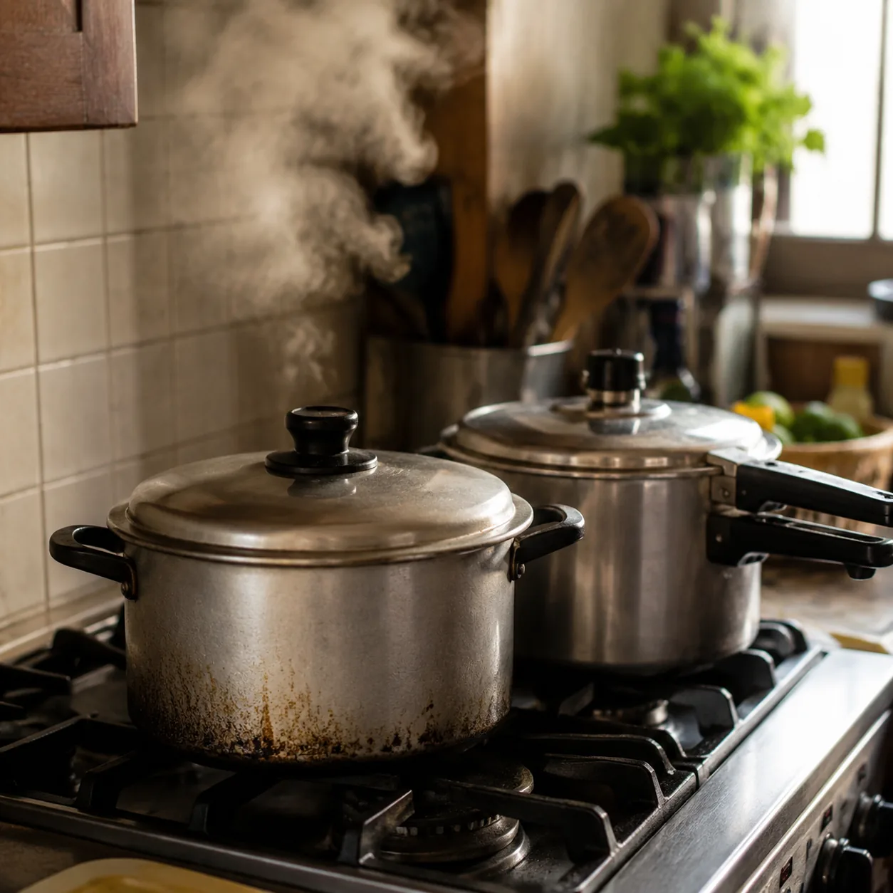 Realistic editorial photo of a heavy pot and pressure cooker on a family kitchen stove with steam rising nearby, warm na
