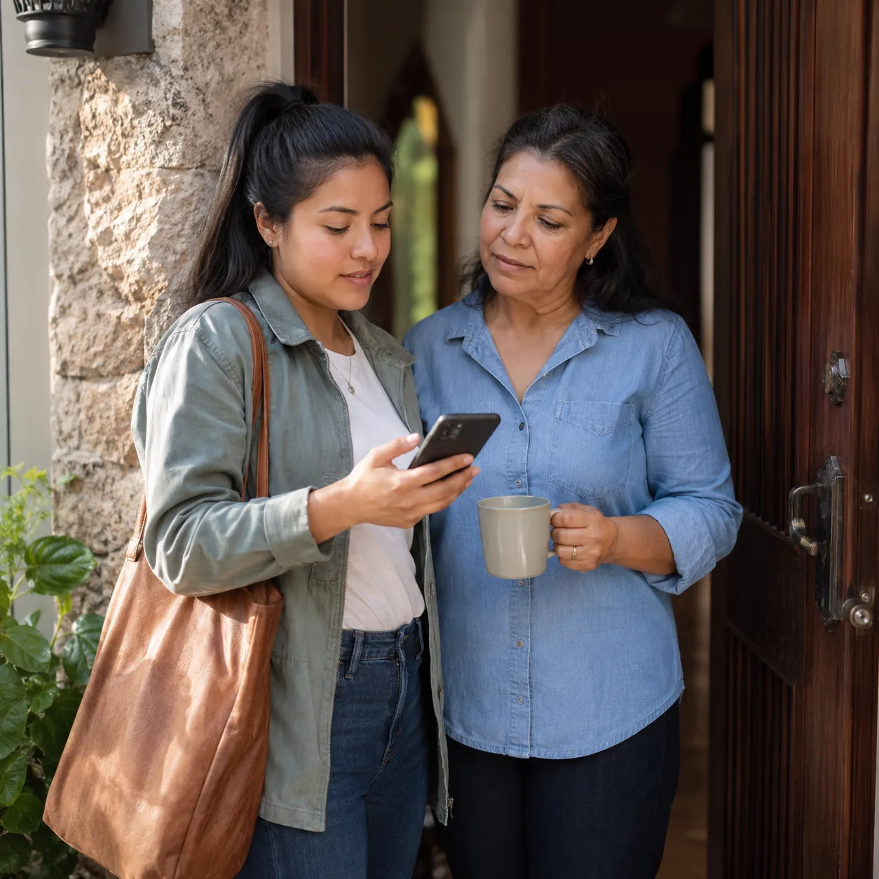 Realistic editorial photo of a Latina mother and adult child checking traffic on a phone before leaving home early, fron