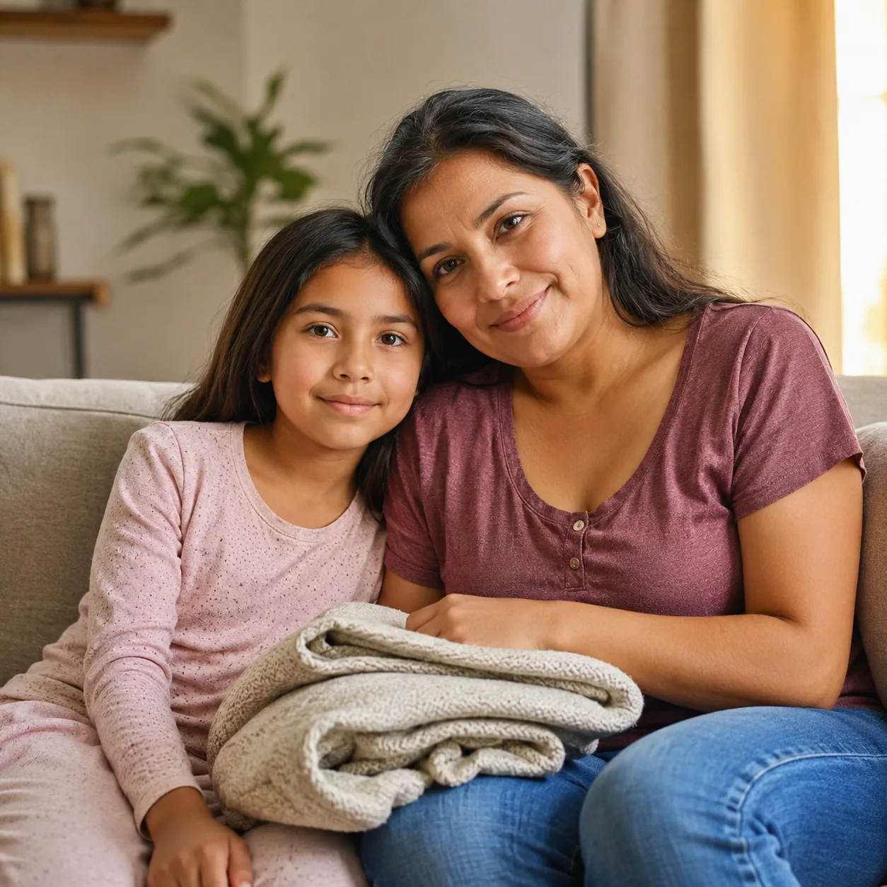 Realistic editorial photo of a Latina mother sitting beside her child on a sofa with a folded blanket and calm family wa