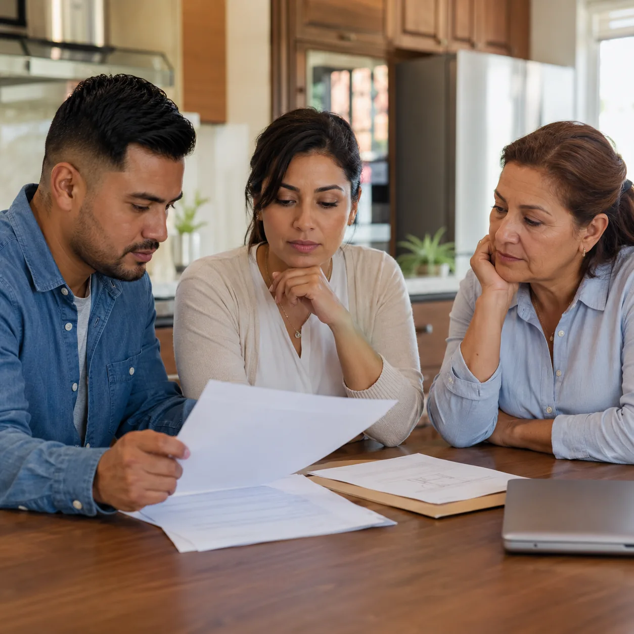 Realistic editorial photo of a Latino couple reviewing home buying papers at a kitchen table while an older parent watch