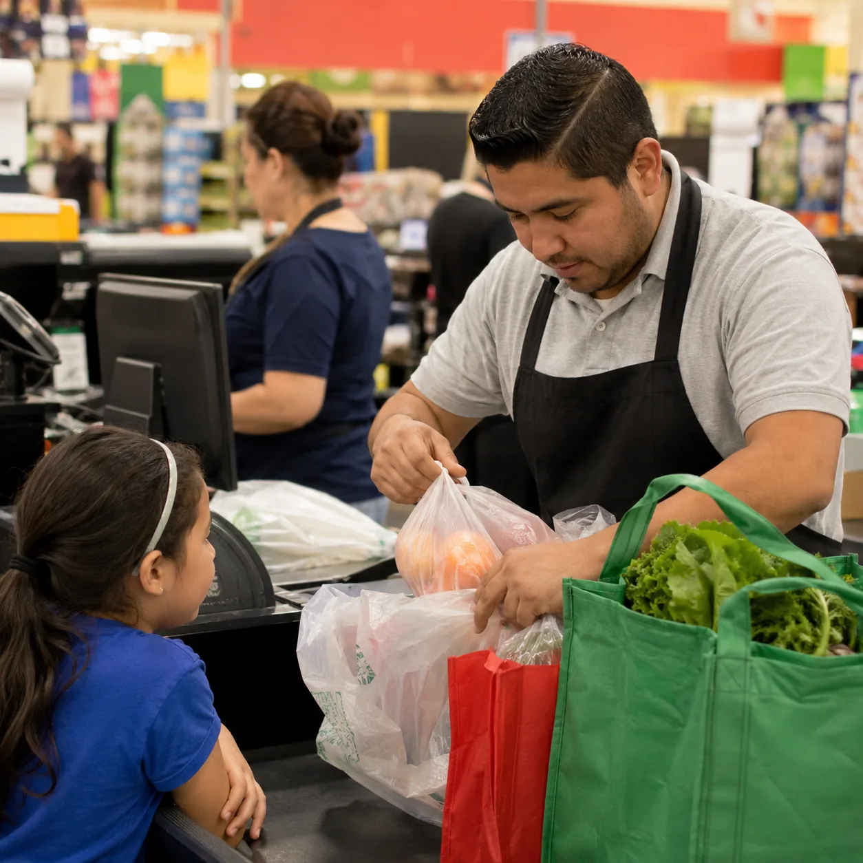 Realistic editorial photo of a Latino grocery cashier bagging groceries with reusable bags and plastic bags while a chil