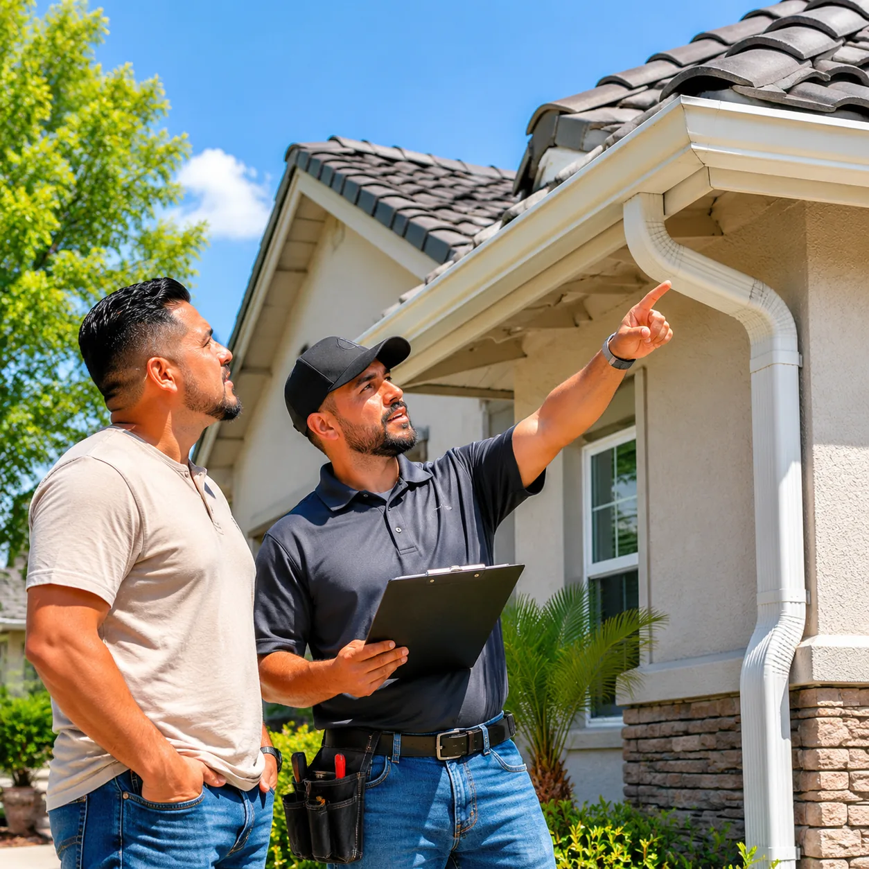 Realistic editorial photo of a Latino homeowner looking at a roof and gutter with a contractor during a home tour, sunny