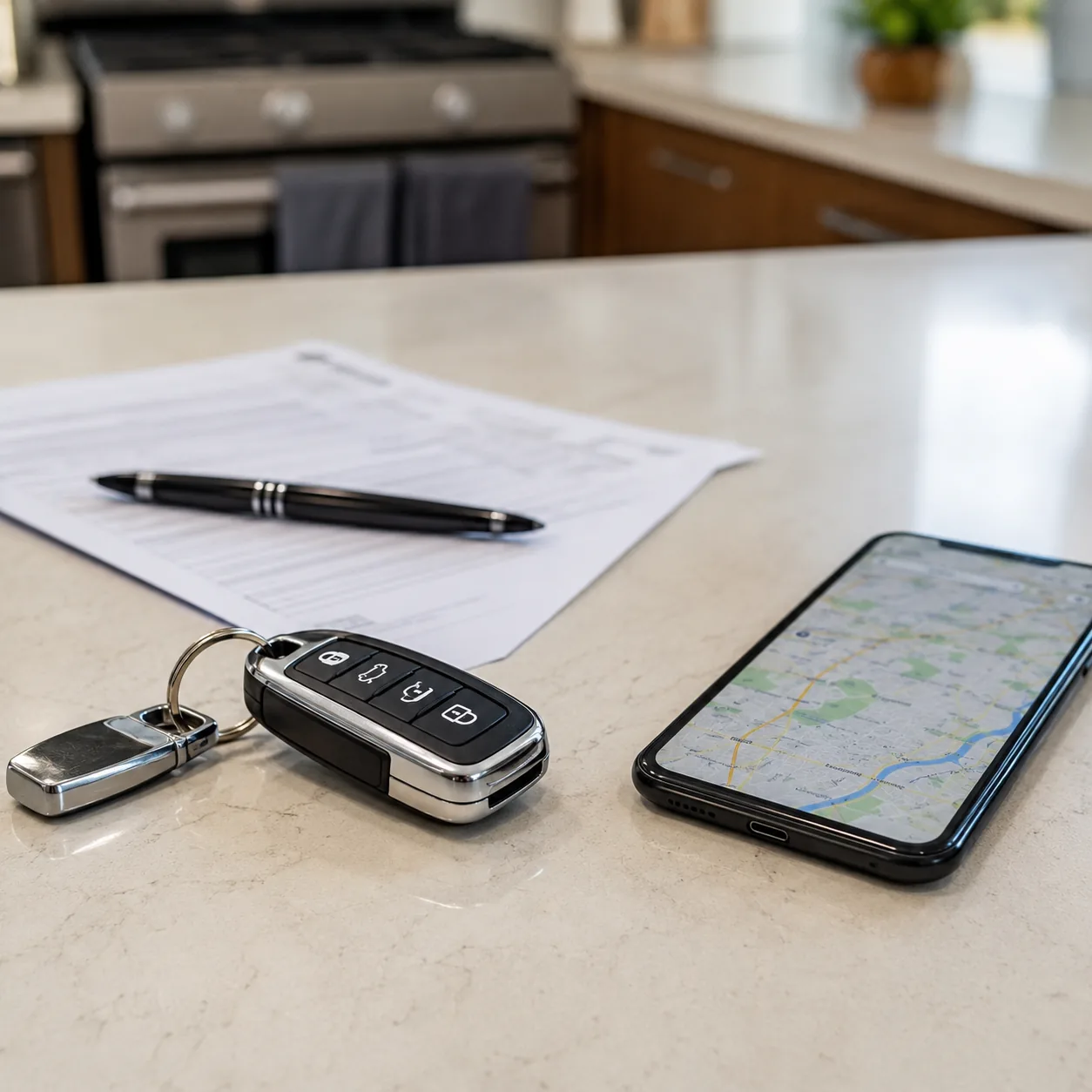 Realistic editorial photo of a new car key, purchase paperwork, and phone map on a kitchen table, practical auto buying