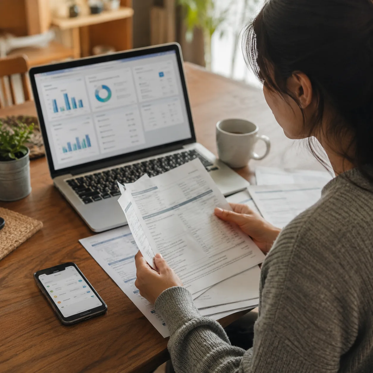 Realistic editorial photo of a person reviewing a phone bill, utility bill, and streaming subscriptions on a laptop, war