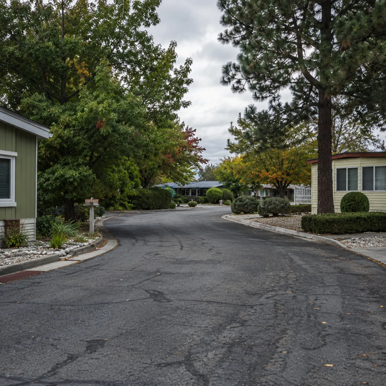 Realistic editorial photo of a quieter back street in a retirement community with faded curbs, uneven pavement, and matu