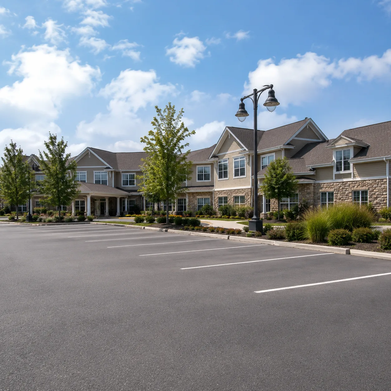 Realistic editorial photo of a retirement community parking area with open spaces during a quiet tour hour, practical ne