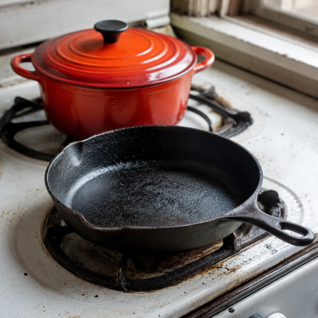 Realistic editorial photo of a seasoned cast iron skillet and colorful enameled Dutch oven on an old stovetop, natural k