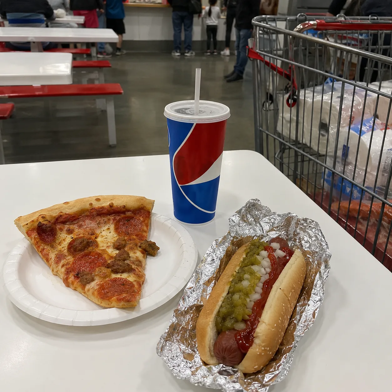 Realistic editorial photo of a simple warehouse food court meal on a clean table with a shopping cart nearby, practical