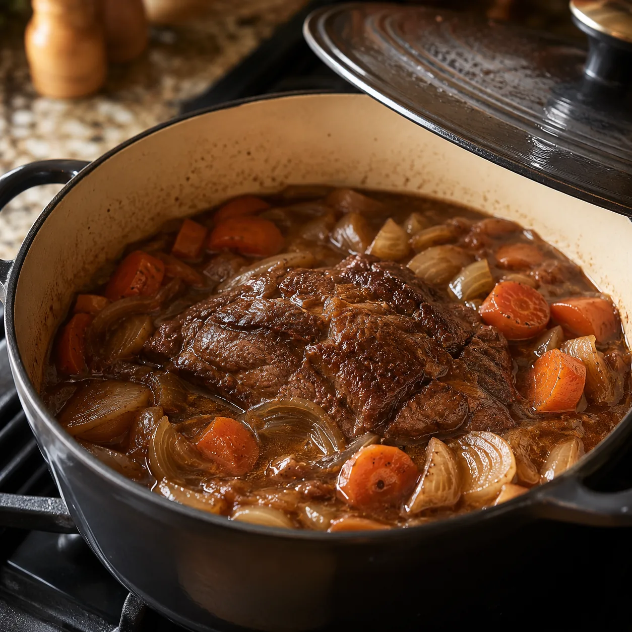 Realistic editorial photo of a tough beef cut braising with onions and carrots in a covered pot, practical slow-cooked f