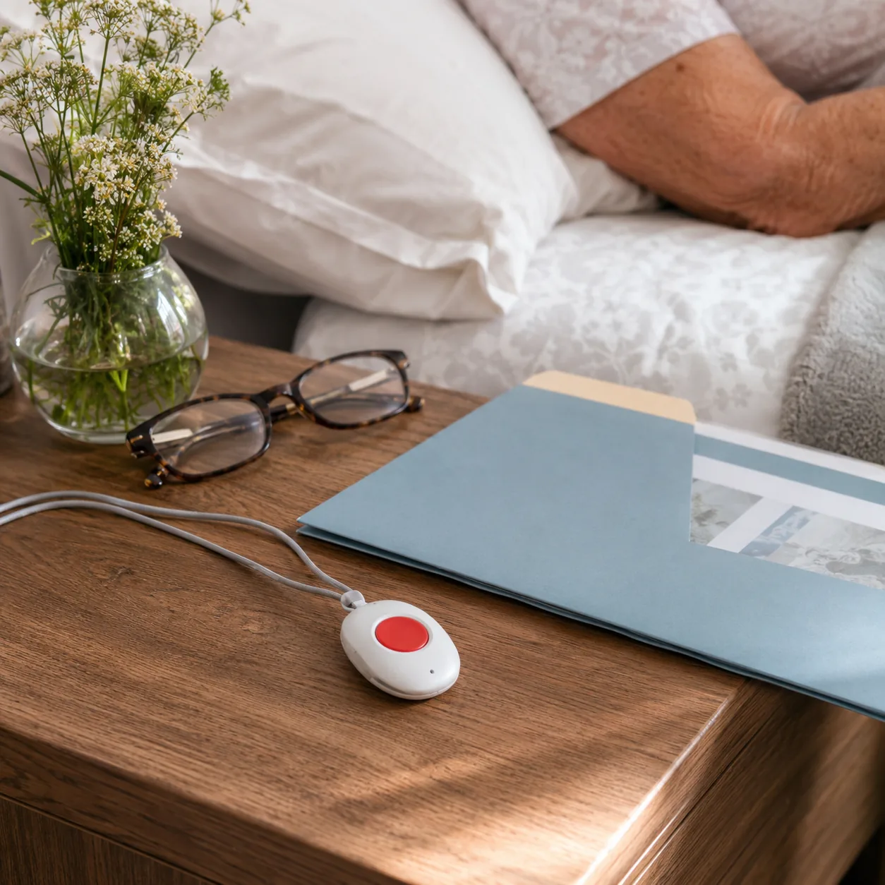 Realistic editorial photo of an emergency pendant on a bedside table beside glasses and an assisted living care folder,