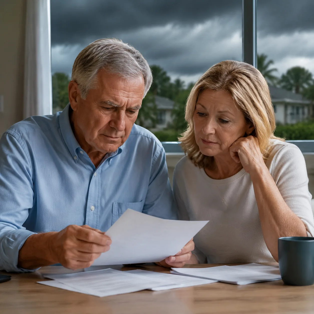 Realistic editorial photo of an older couple reviewing home insurance papers near a window with storm clouds outside, pr