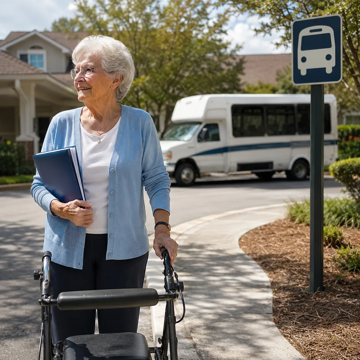 Realistic editorial photo of an older resident waiting with a walker near a community shuttle sign and appointment folde