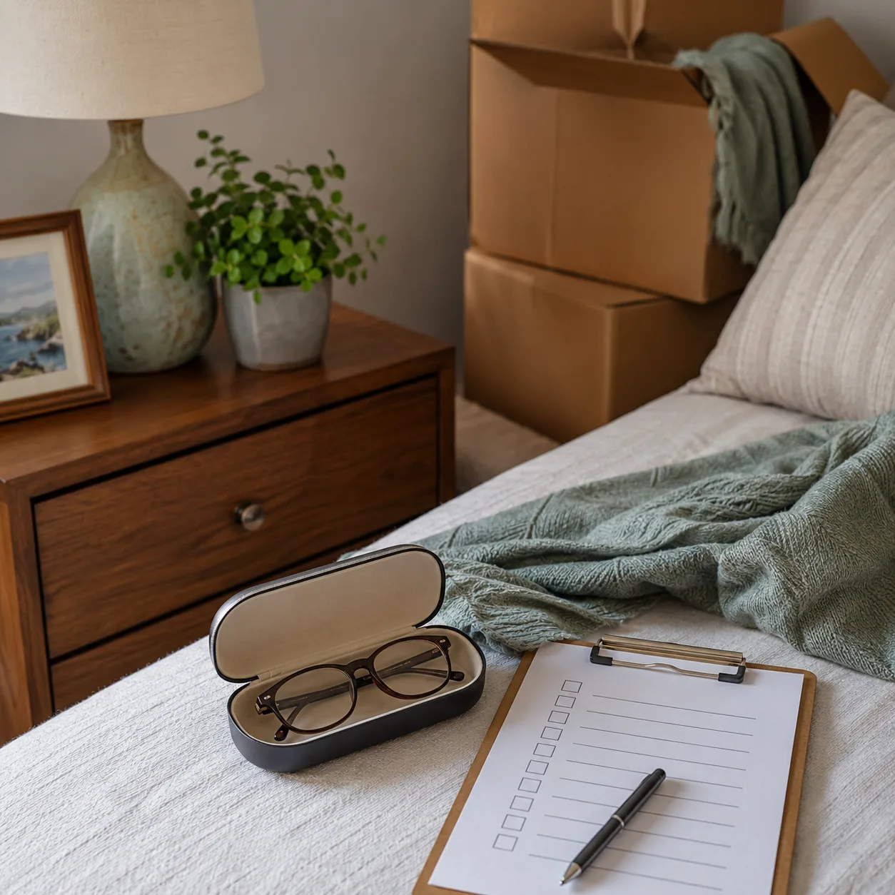 Realistic editorial photo of backup eyeglasses in a labeled case beside a bedside table and moving checklist, practical