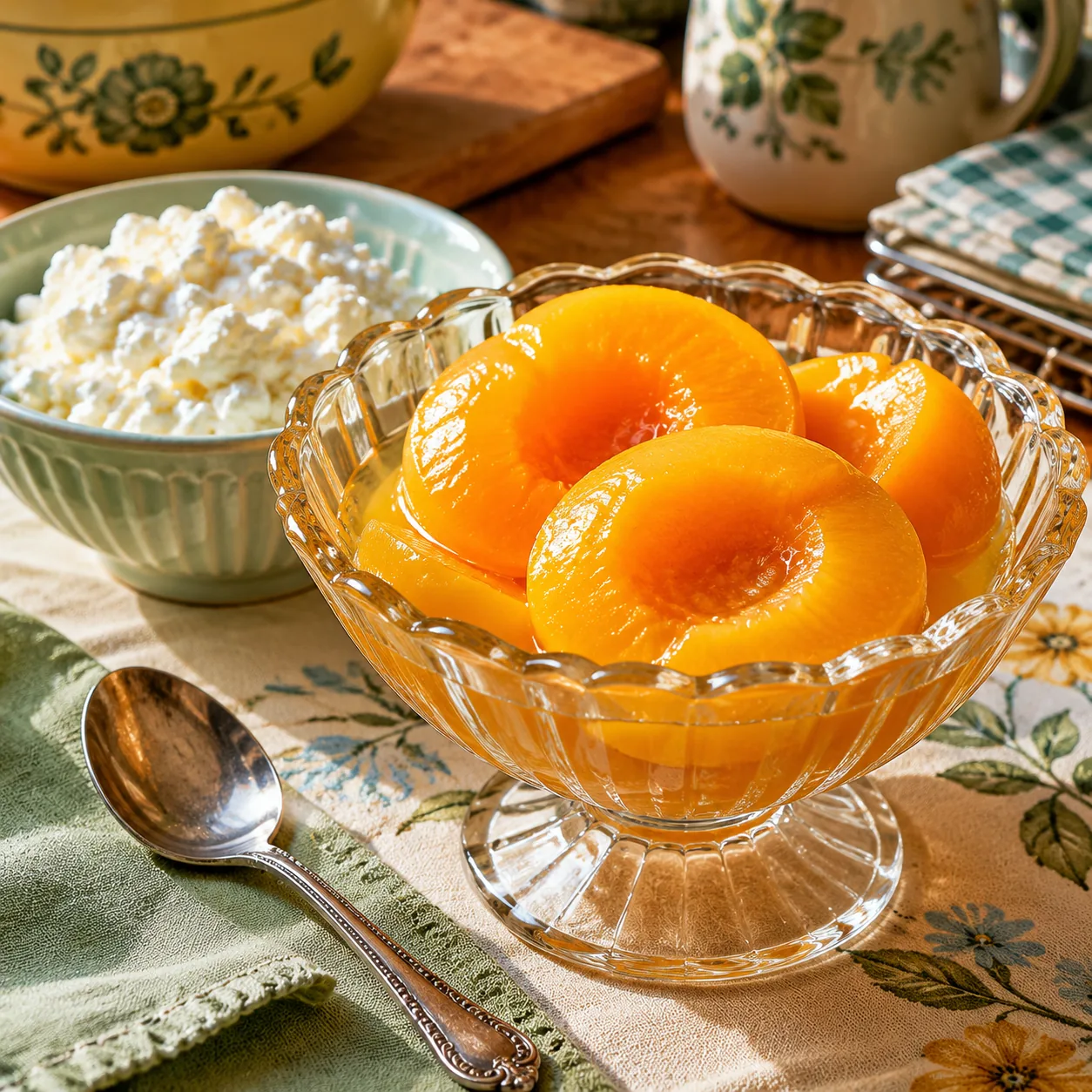 Realistic editorial photo of canned peach halves in a glass dessert dish beside cottage cheese and a small spoon, practi