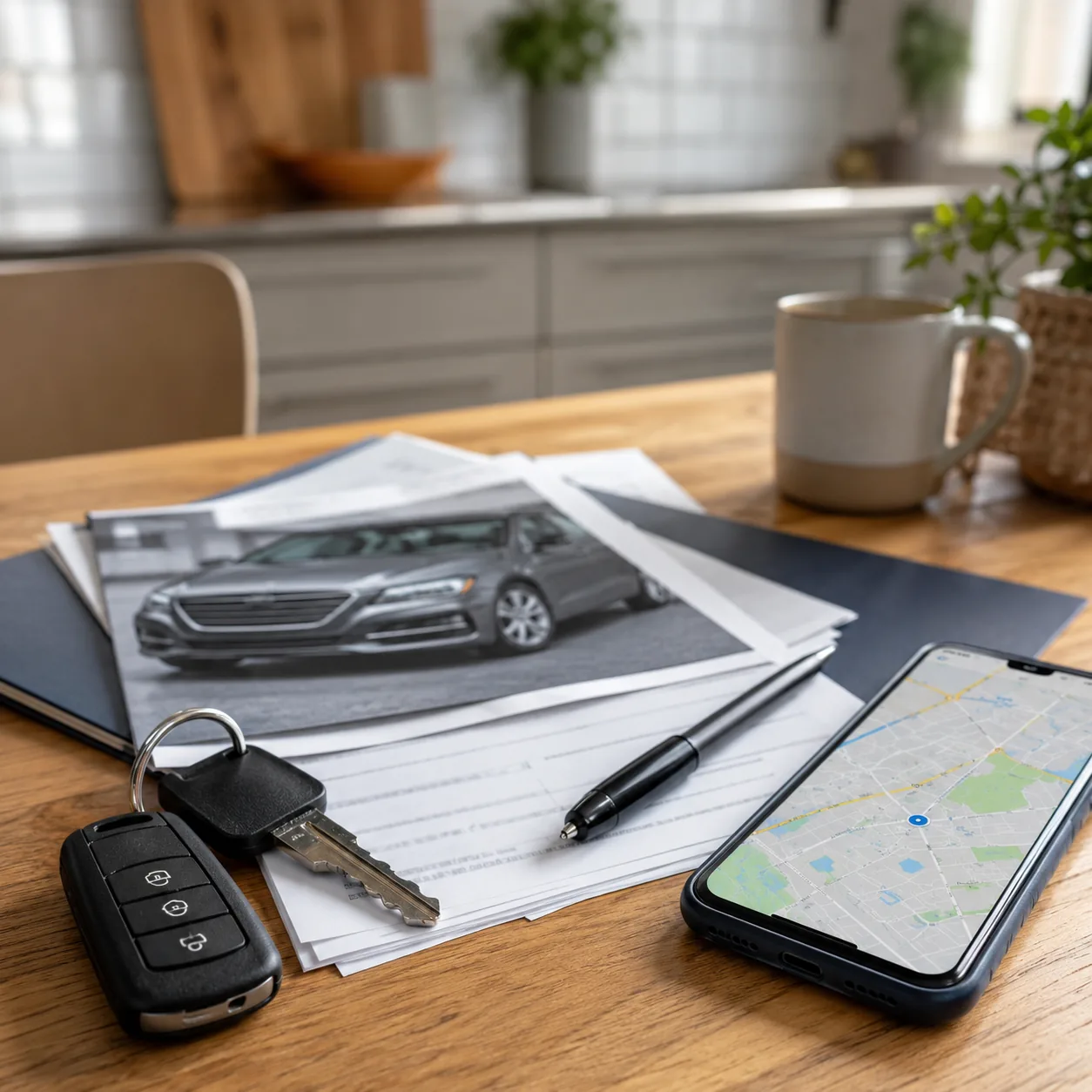 Realistic editorial photo of car keys, dealership paperwork, and a phone map on a kitchen table, practical consumer guid