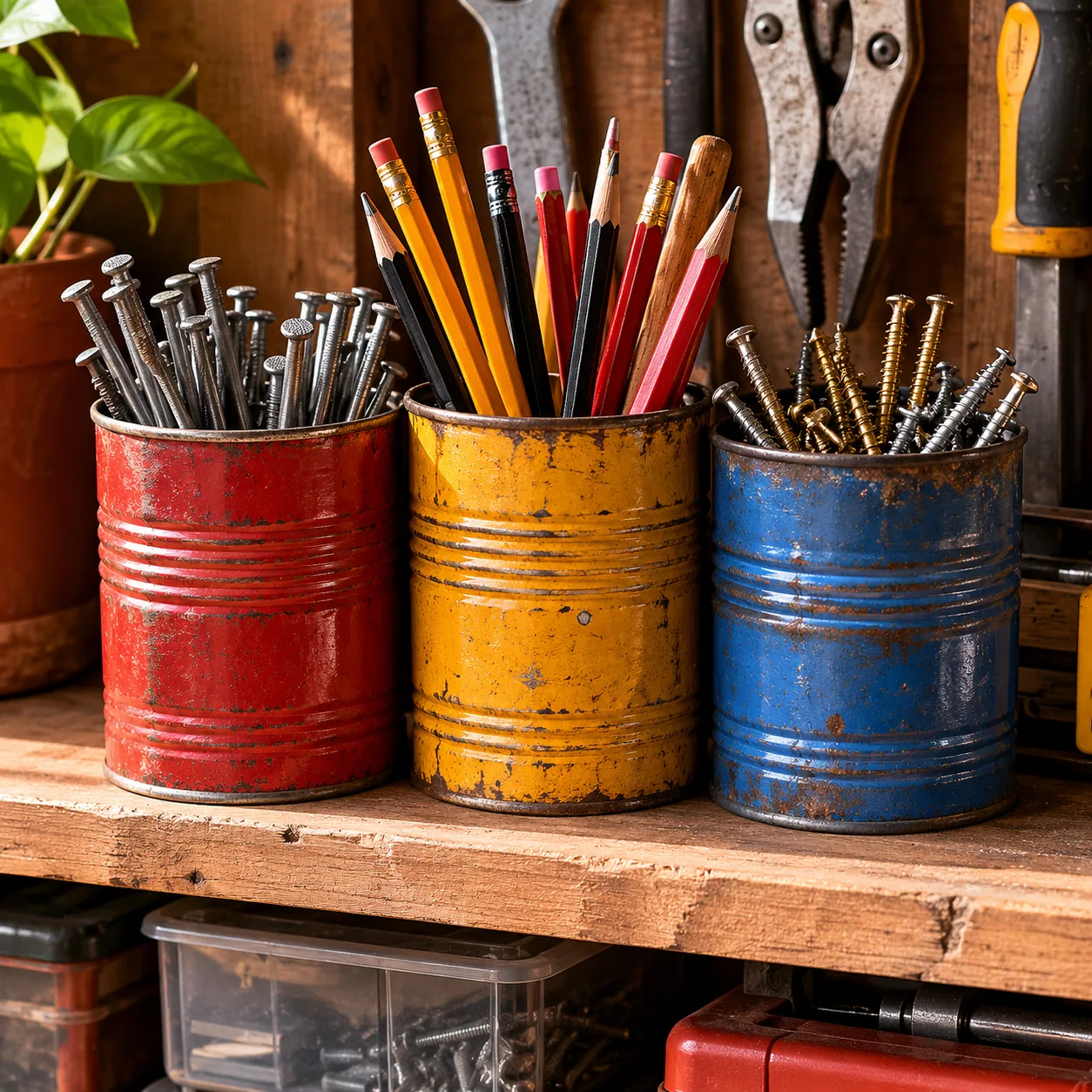 Realistic editorial photo of coffee cans repurposed for nails and pencils on a garage shelf, warm natural light, practic
