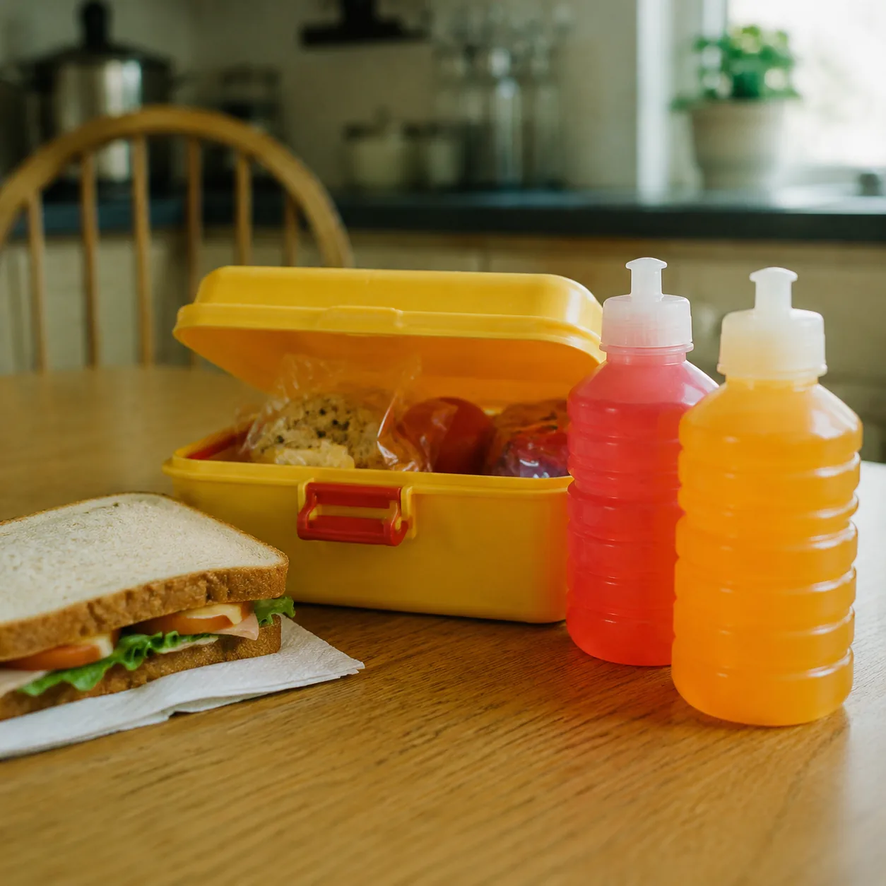 Realistic editorial photo of colorful plastic squeeze drink bottles beside a packed lunchbox and sandwich on a kitchen t