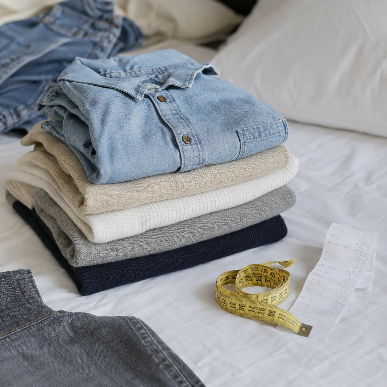 Realistic editorial photo of folded clothing on a bed with measuring tape and receipt nearby, practical shopping guide s