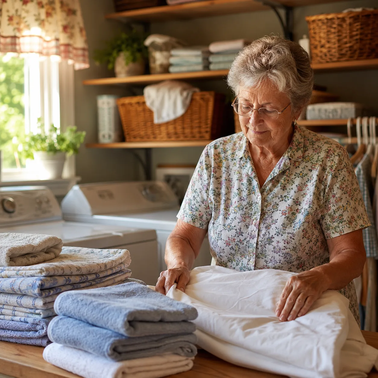 Realistic editorial photo of folded towels and sheets in a sunny laundry room with a grandmother smoothing a pillowcase,
