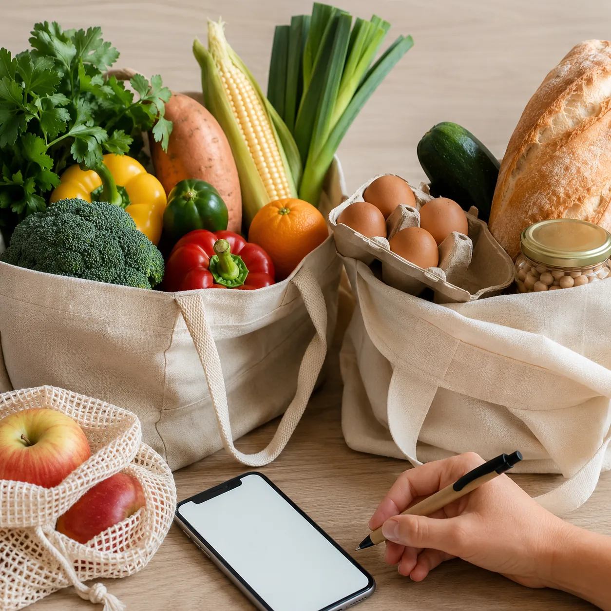 Realistic editorial photo of fresh groceries in reusable bags beside a phone shopping list, practical grocery savings st