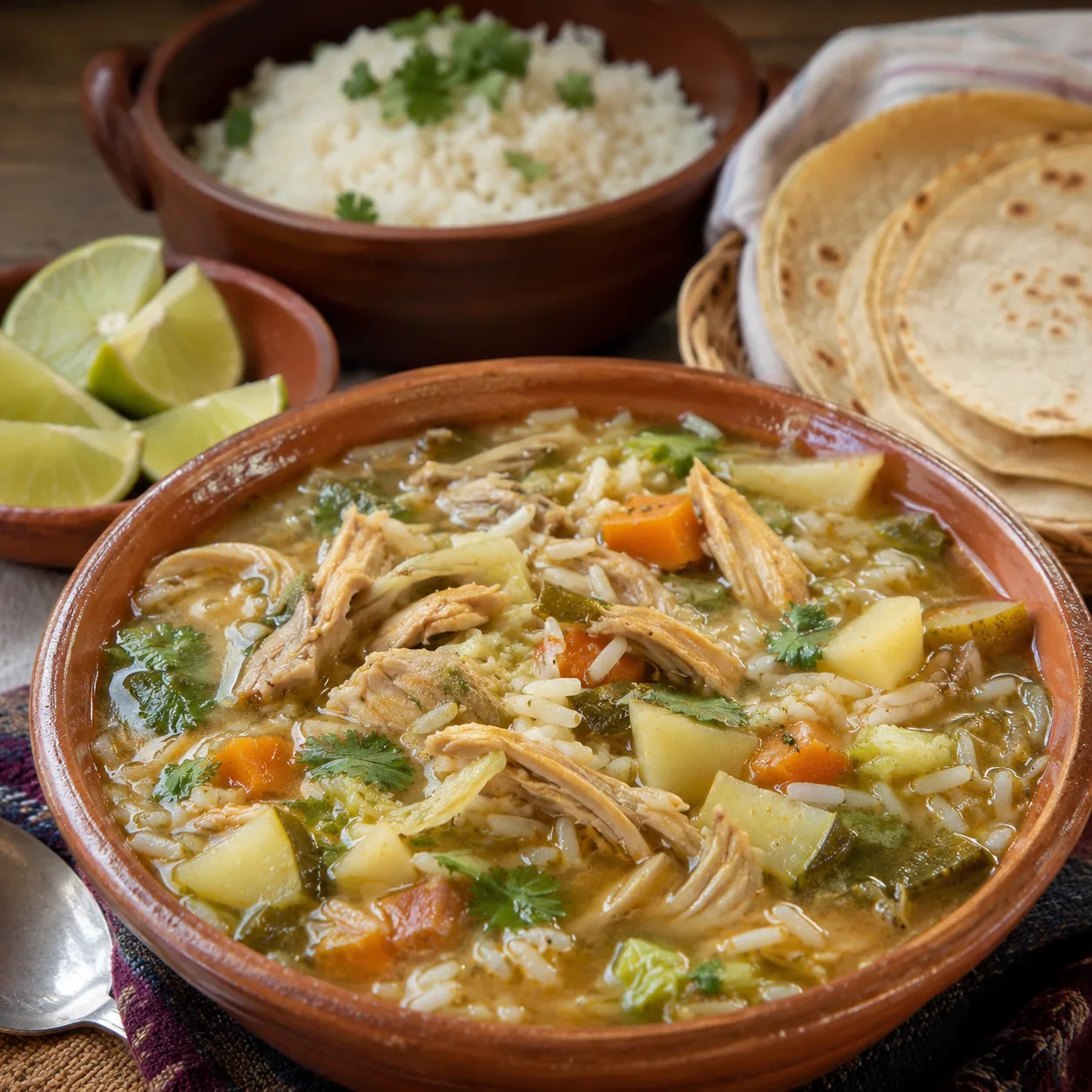 Realistic editorial photo of homemade chicken soup with vegetables, rice, lime, and warm tortillas on a kitchen table, w