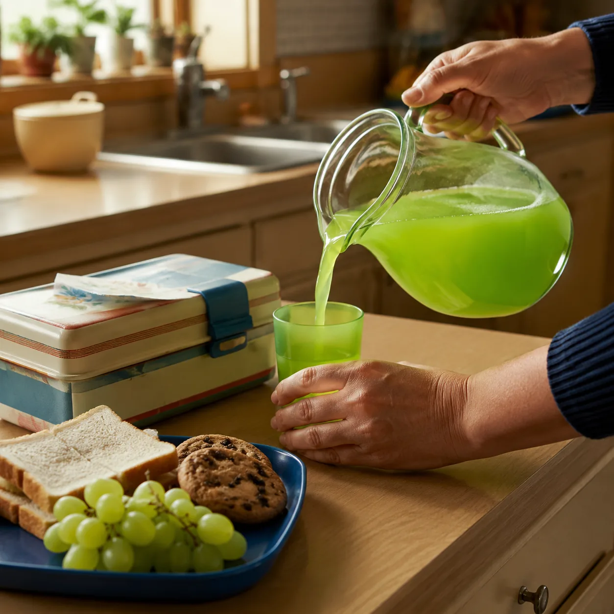 Realistic editorial photo of a bright green citrus drink poured into a small cup beside a lunchbox and after-school snac