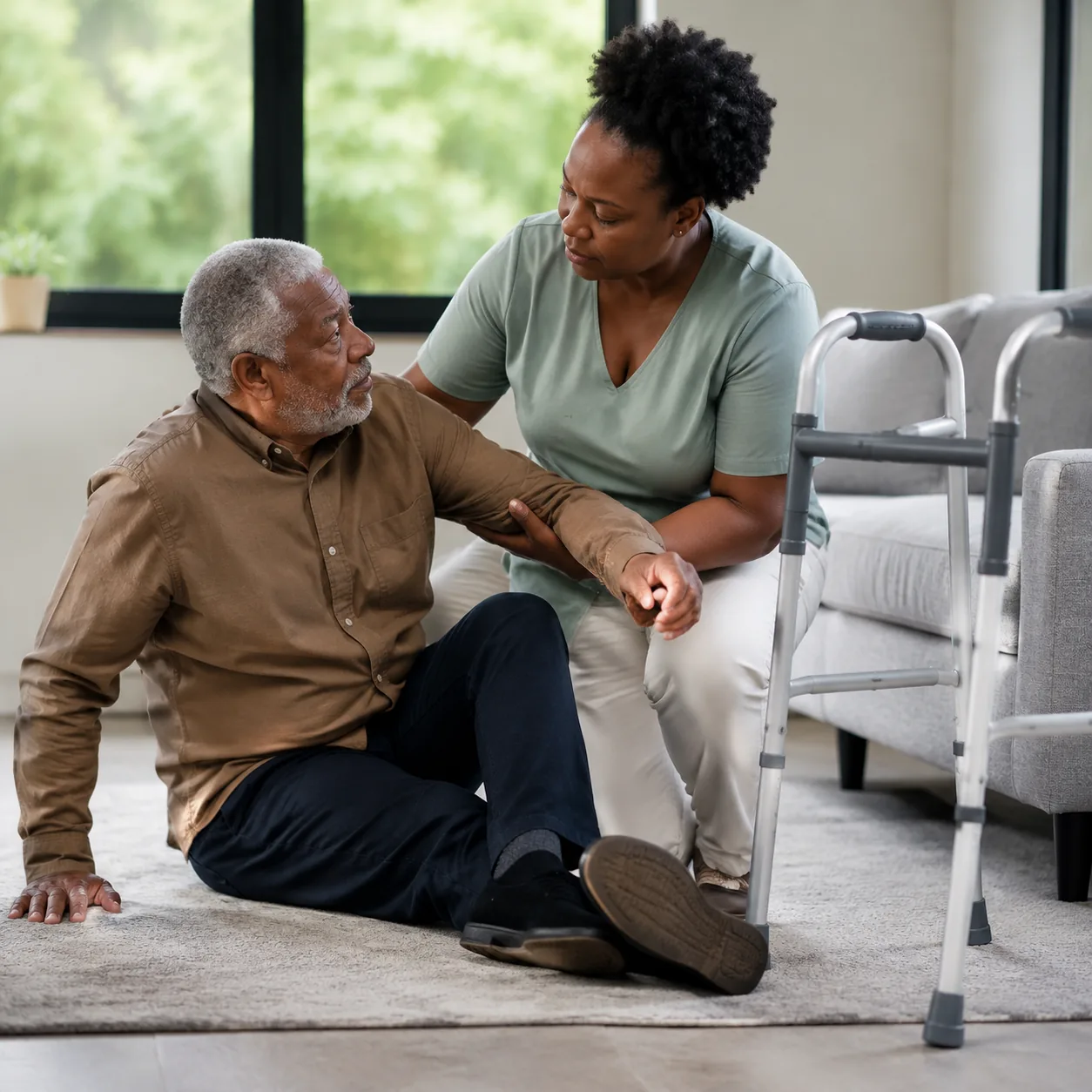 Realistic editorial photo of a caregiver helping an older resident after a minor fall assessment with walker nearby, pra