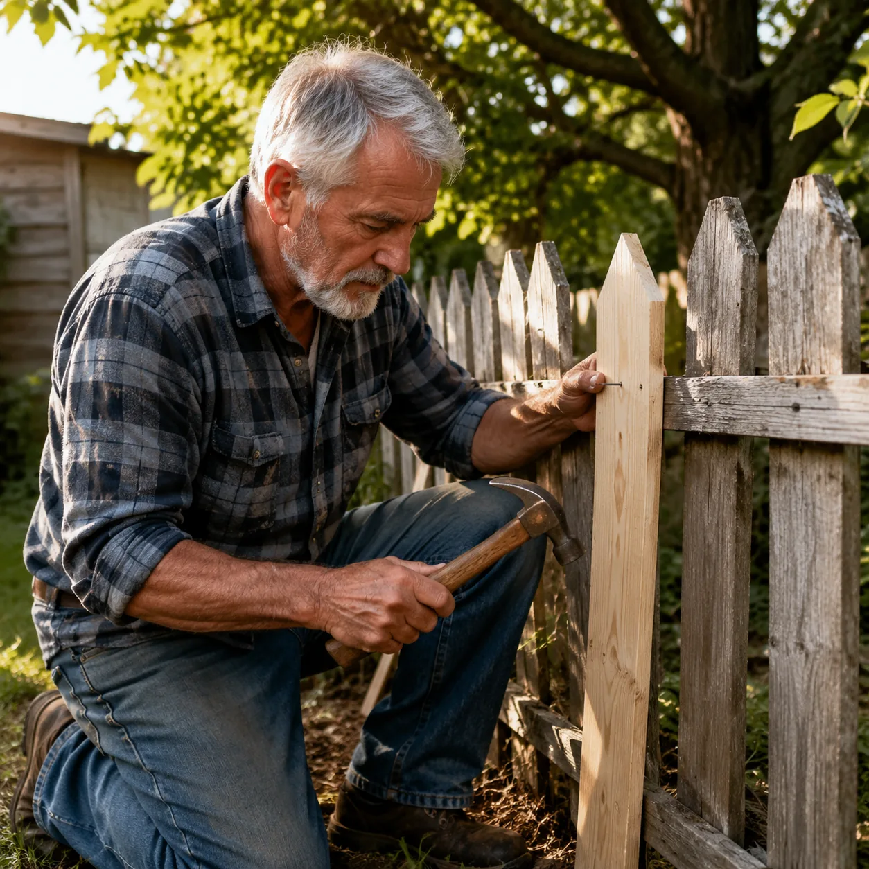 Realistic editorial photo of a grandfather replacing a cracked wooden fence picket in a backyard with a hammer and nails