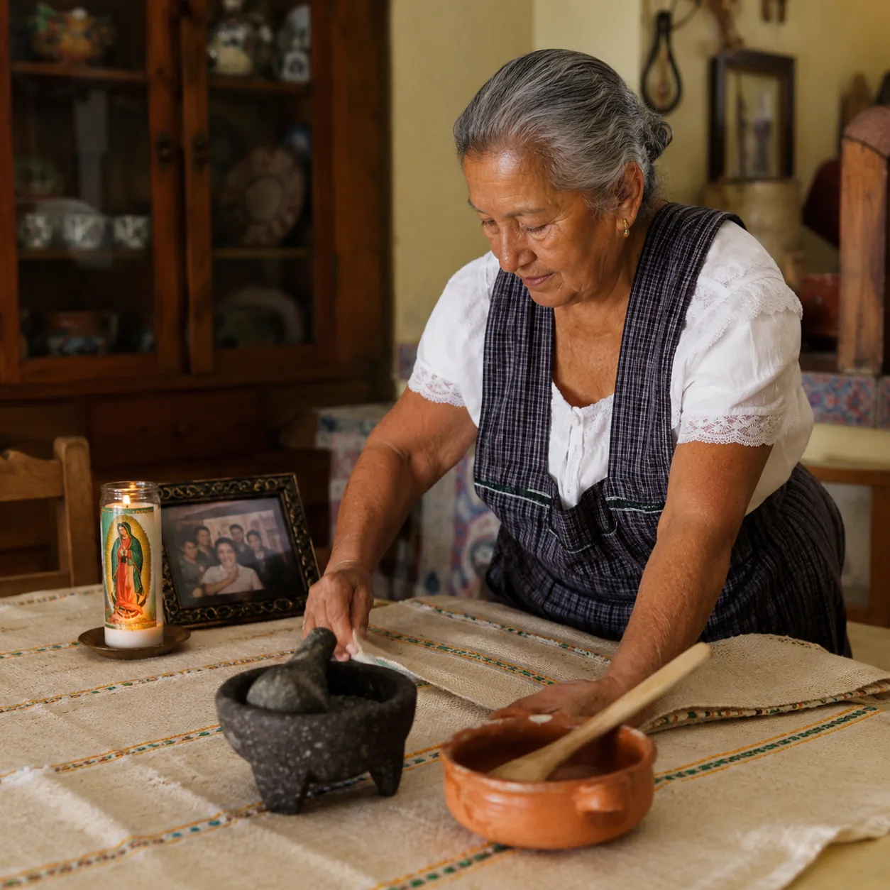 Realistic editorial photo of a grandmother arranging a woven tablecloth, religious candle, family photo, and kitchen too