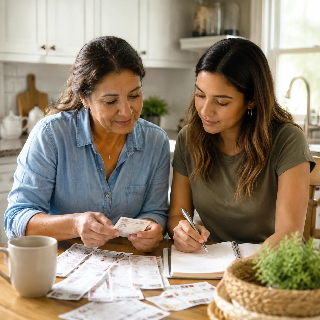Realistic editorial photo of a Latina mother and adult daughter checking coupons and a budget notebook in a bright kitch