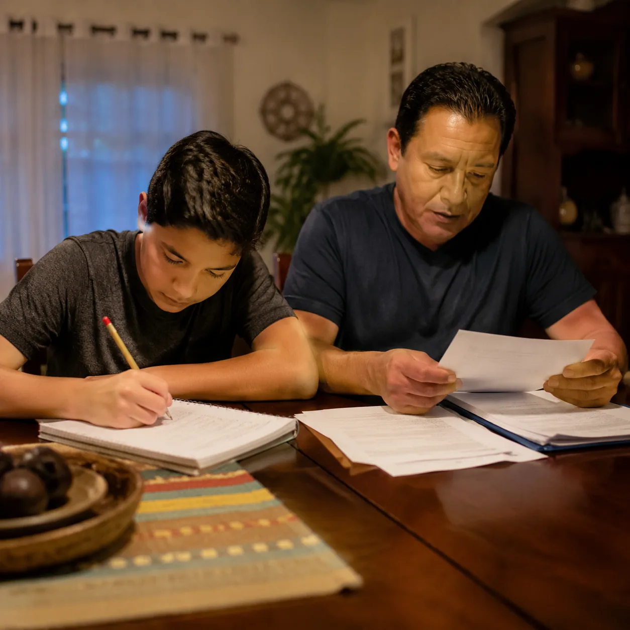 Realistic editorial photo of a Latino student doing homework beside a parent reviewing school papers at a dining table,