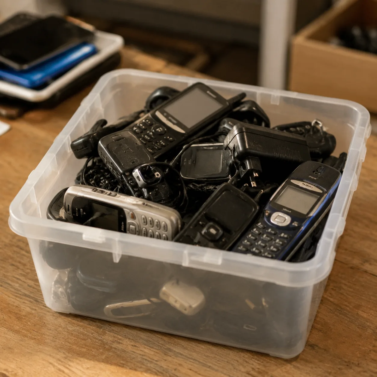 Realistic editorial photo of a plastic bin filled with old cell phones and battery chargers on a desk, warm natural ligh
