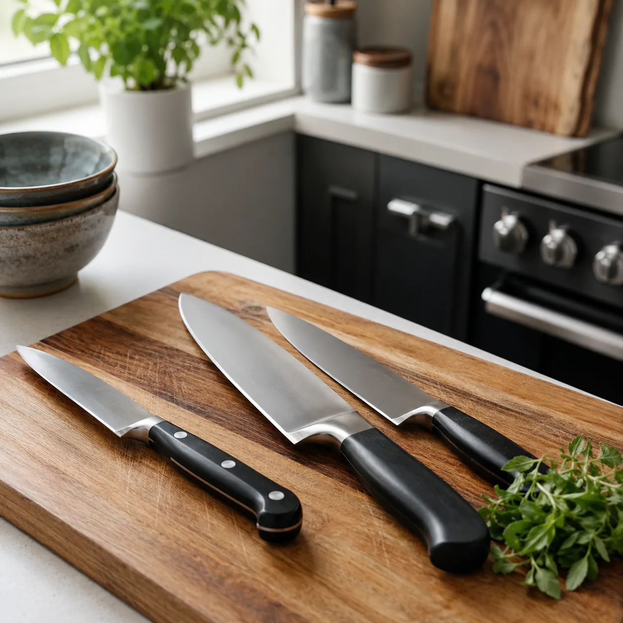 Realistic editorial photo of a small set of quality kitchen knives on a cutting board in a compact kitchen, practical do