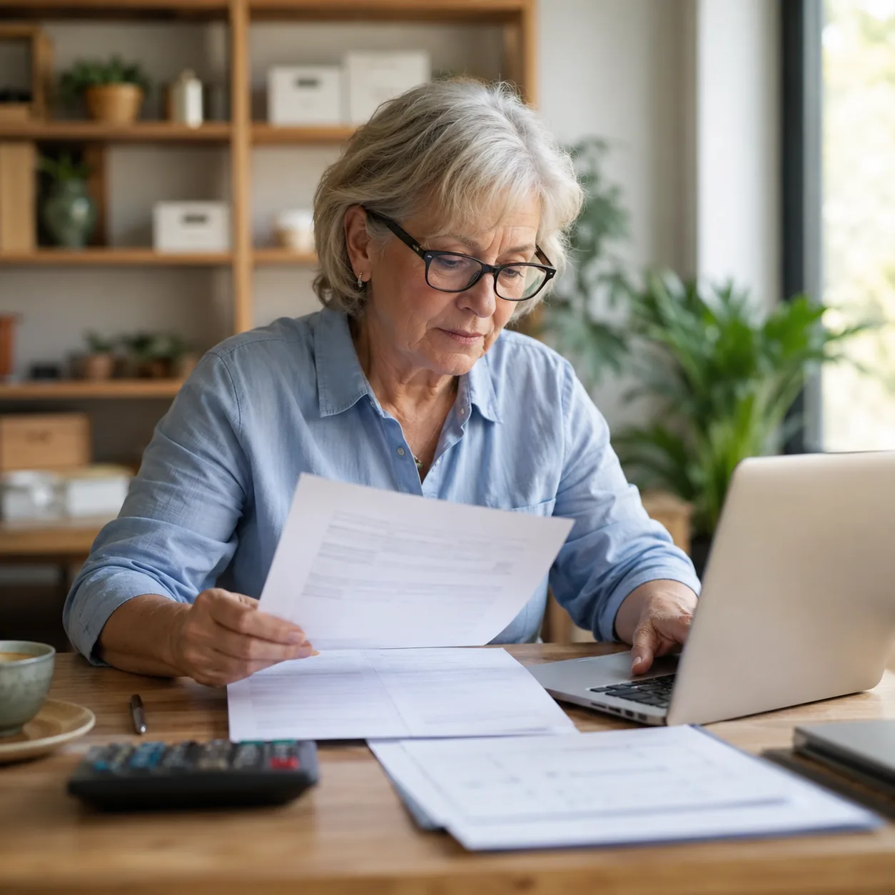 Realistic editorial photo of an older bookkeeper reviewing invoices and a laptop at a small business desk, practical ret