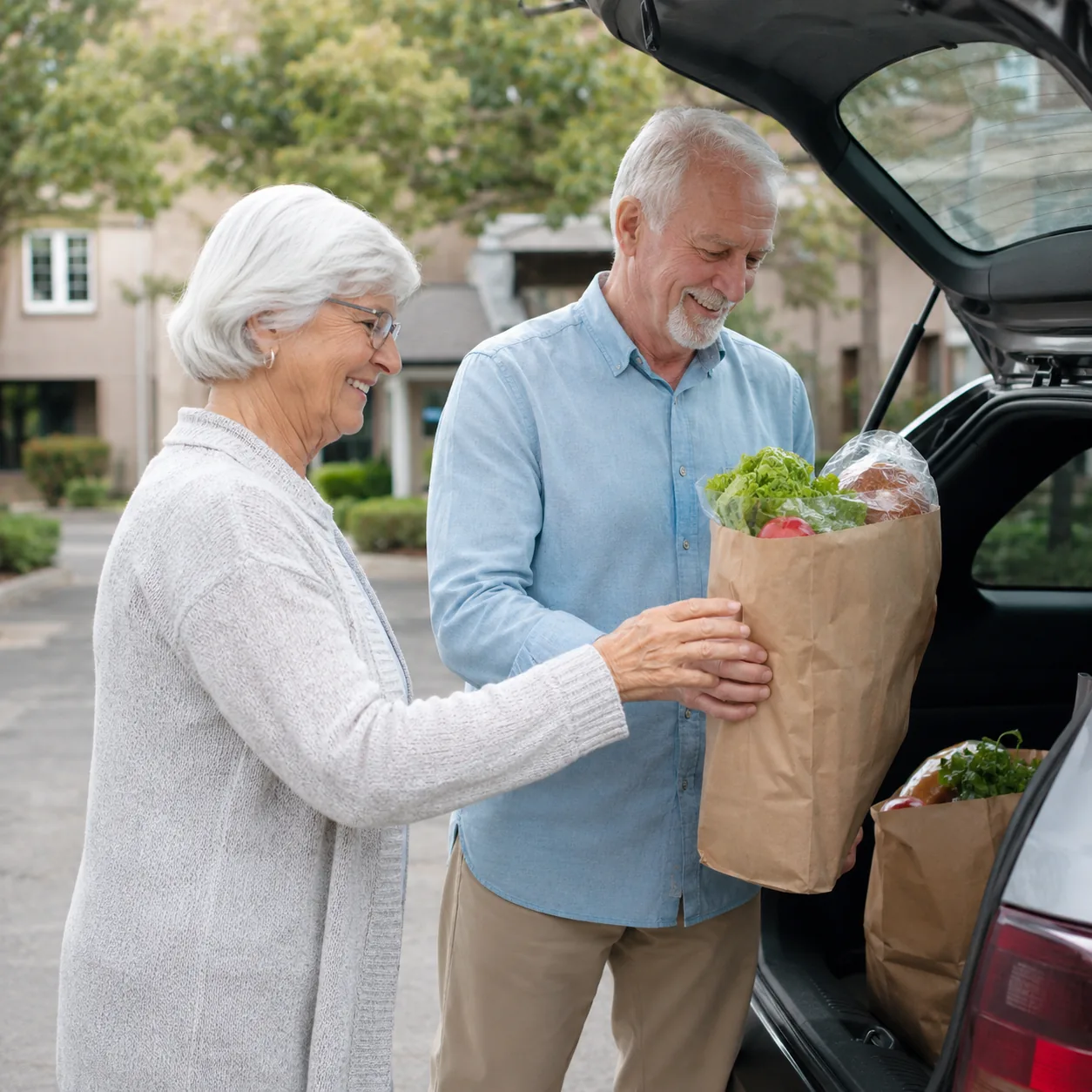 Realistic editorial photo of an older couple loading groceries into a car after driving from a retirement community, pra
