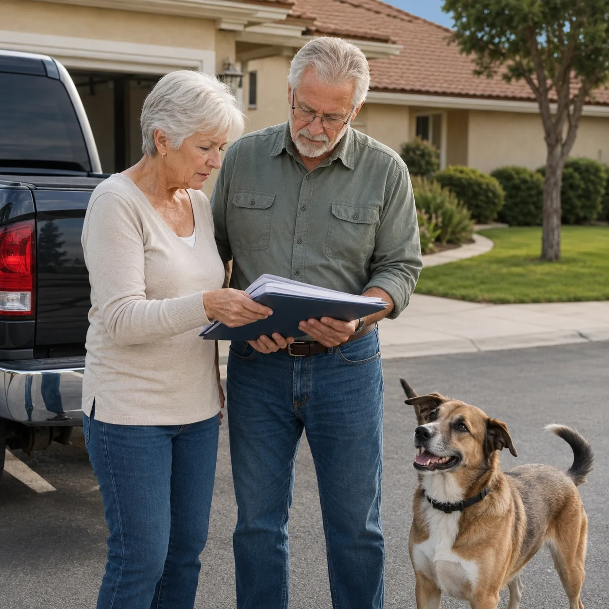 Realistic editorial photo of an older couple with a medium dog standing near a driveway with a pickup and community rule