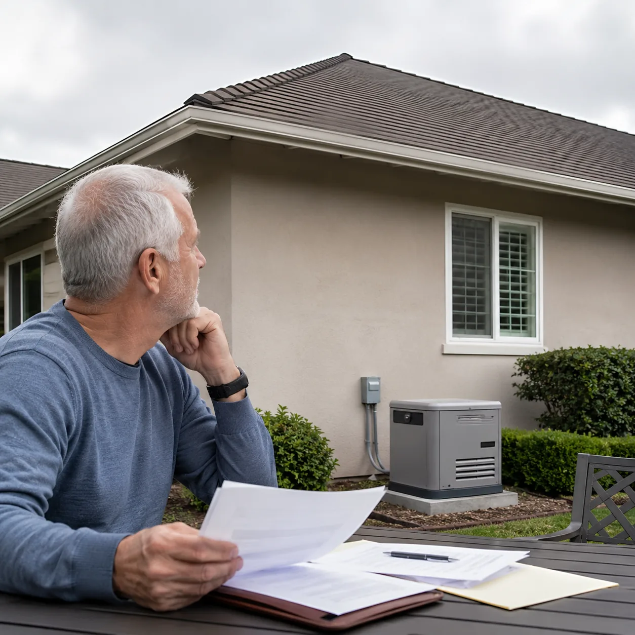 Realistic editorial photo of an older homeowner looking at a roofline and small standby generator area beside HOA approv